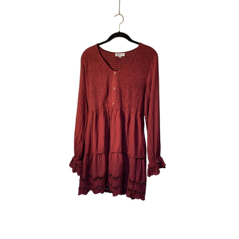 Lucy Avenue women’s burgundy, long sleeve BoHo dress eyelet trim L